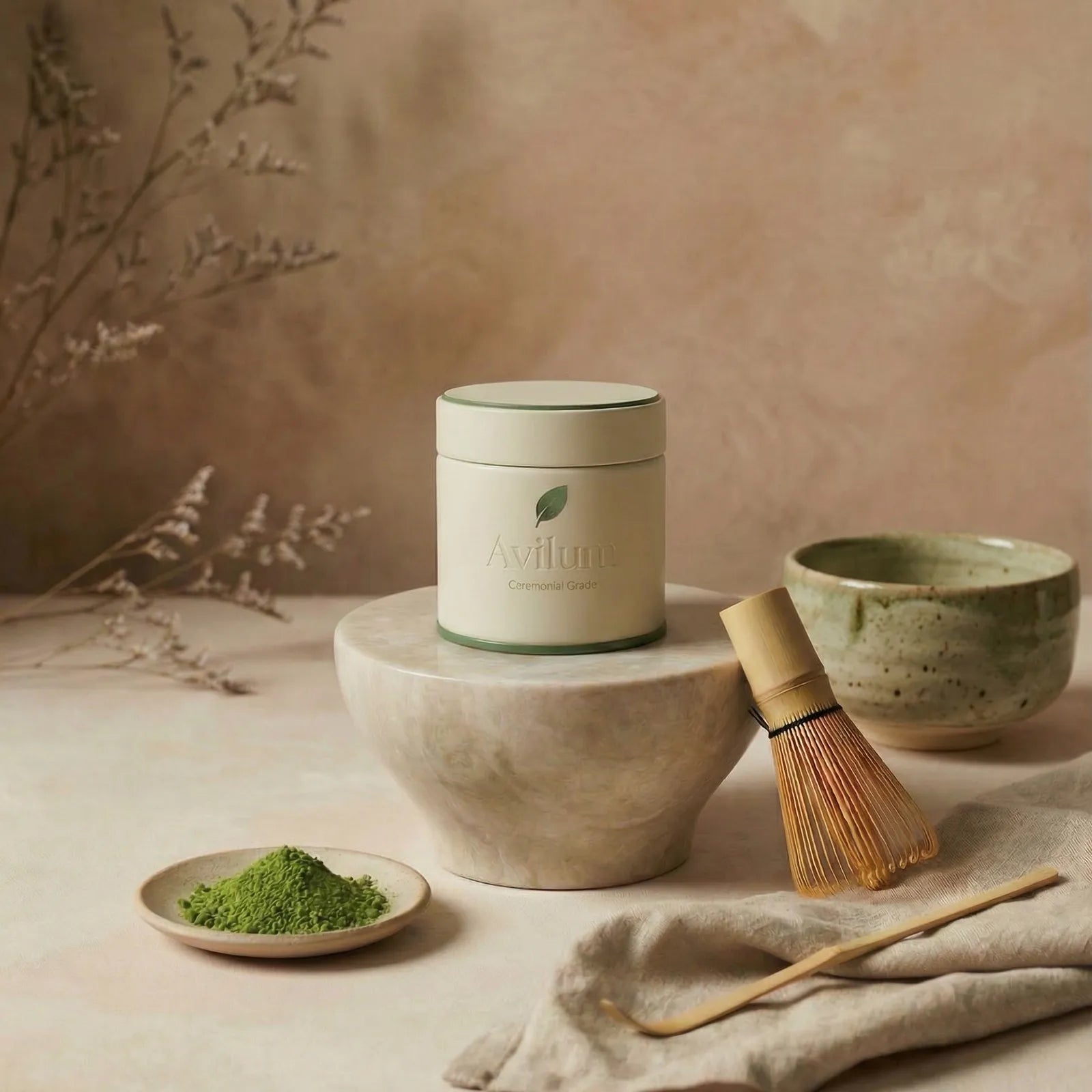 Avilum Matcha-Set: Matchaschale, Bambusbesen und Matcha-Dose auf natürlichem Holztablett